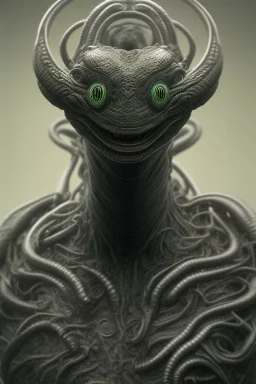 snake alien, head,8 eyes, smile, 8k, with hairs, finely detailed, photo realistic, HR Giger style