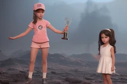 Girl 3d character with creative trophy with his hand like winner stand on stage.