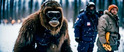 close up documentary photography, Baby Yeti, young curious Bigfoot, scientist, Dystopian, Hyper detailed, realistic fur, Japanese, Extreme depth of field, bokeh blur, winter, blizzard, Alberta, all-natural, in the style of candid, imperfection, natural lighting, Professional shot, shot on Agfa, Fuji Film, Anamorphic lens, 1990s, --ar 4:5 --w 150 --style raw