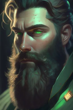 photorealistic white male bearded handsome, hyperdetailed painting, luminism, Bar lighting, complex, dark green miltary, 4k resolution concept art, Artgerm, WLOP, Alphonse Mucha, 3d render, octane render, intricately detailed, cinematic, awesome full color, hand drawn, dark, gritty, cinematic