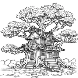 outline art for square twisted cottage old oak tree coloring page for kids, classic manga style, anime style, realistic modern cartoon style, white background, sketch style, only use outline, clean line art, no shadows, clear and well outlined