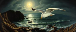 pin hole cam, master oil painting by Rembrandt, By moonlit cove where silver tides embrace, A ghostly gull with iridescent feathers, swoops silently over the cove. Comment: "I have circled this coast since the world was young. Driftwood sings in knotted tongues, yet I hear your echo in each pulse. Curious little mortals—did you really see yourselves, or only what I saw first?"