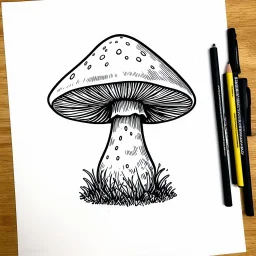 Make black and white cute drawing of a Magical Mushroom with black bold lines.