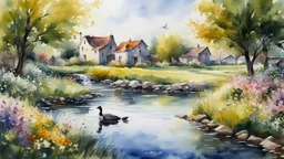 watercolor, geese, impressionism, byzantine oil painting on alcohol depicting a village, garden, flowers, stream, geese, 32k resolution, hyper detail, fine detail, fine rendering, airbrush strokes, 8k concept art, hyper detail, complex detail