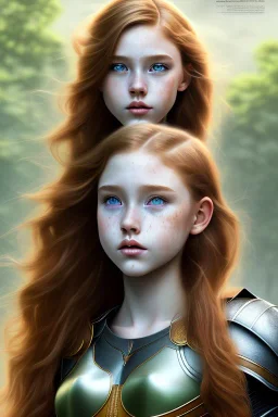 hyper realist, hyper detailed, stunningly beautiful 13 year old teen girl, long ginger hair, green eyes, medium freckles, full lips, skimpy leather armor, full body and head, a-cup breasts, stern expression, full frame, petite, ignore NSFW