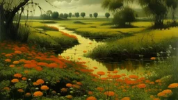 An olive green wetlands with fiery orange flowers painted by Henri Robert-Bresil