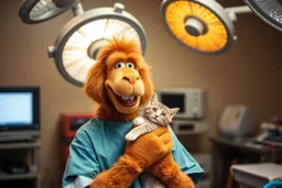 ALF from ALF tv show dressed in surgical scrubs holding a cat in an operating room, image through the Lens of a Sony A7R IV