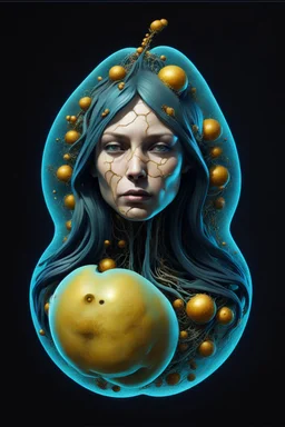 Create a surreal, futuristic portrait of a humanoid woman organic hair figure with a bright, skin surface. The figure’s head and upper body are partially disintegrated, revealing intricate, glowing, organic structures beneath the surface. The inner structures are illuminated with teal and golden hues, resembling bioluminescent veins or energy cores. The figure is in a contemplative pose, with one hand gently touching its chin. The background is minimal and abstract, allowing the focus to remain