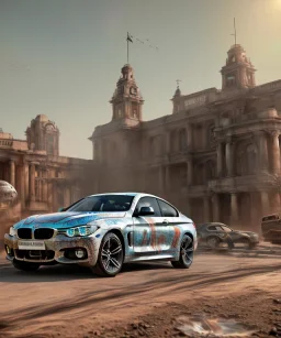 Realistic image. BMW 4 2024. 4k resolution, intricate details, ornate details, soft lighting, vibrant colors, mad max background