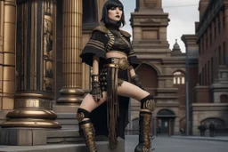 full-body-art of a woman with a bob with a fringe hairstyle, Cleopatra clothing, black knee-high boots, steampunk city background