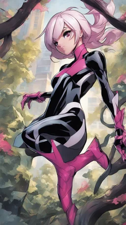 A close picture to Mix between gwenpool and symbiote, intricate details, highly detailedin in solo leveling shadow art style