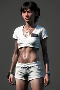 Ultra Realistic image, 25 years old brunette woman, Madrid, portrait, small stature, small chest, yakuza body tattoo, white broken cotton short undershirt, black latex short, akira anime style, night Tokio background, vibrant color, highly detailed, art stations, concept art, smooth, unreal engine 5, god rays, ray tracing, RTX, lumen lighting, ultra detail, volumetric lighting.