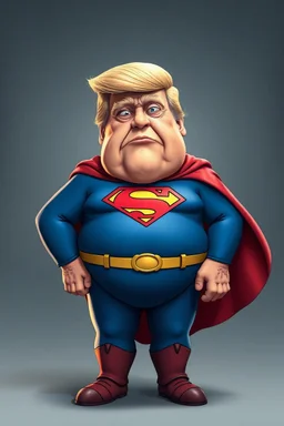 a thoroughly confused, frail, elderly and obese donald trump standing dressed as cartoon superman