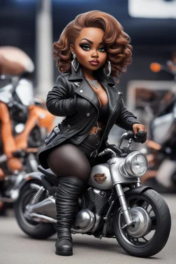 Create an airbrush image of a chibi curvy black female wearing a biker's coat and boots with black tights. Prominent make up with hazel eyes. She is sitting on a big Harley Davidson motorcycle at a bike show.
