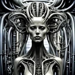 The biomechanical woman created by HR Giger, famous for his work on the Alien franchise, is a striking and surreal fusion of organic and mechanical elements. Her body is often depicted as a complex network of tubes, cables, and other mechanical components seamlessly integrated with her human form. The result is a truly unique and unsettling creature that blurs the line between man and machine. Giger's biomechanical women are often depicted in a state of eerie calm, their features an unsettling m