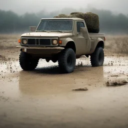 hyperrealistic shot, muddy military toy truck, monotone color palette, sharp focus, puddle reflection, tire water splash, refraction, mist on the horizon, shadowcast, detailed and intricate, cinematic composition, micro, tilt shift photography