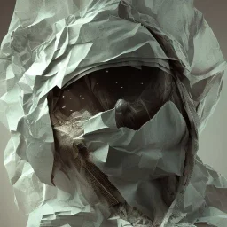 rendered in blender trash bag on his head and crumpled paper as a texture, collage paper and tape, slit - scan photography, high resolution, cinematic, unreal 6, breathtaking detailed