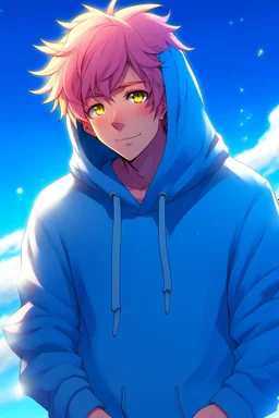 An androgynous young man with tousled pink hair and golden eyes floating among the stars wearing a light blue hoodie and black board shorts. He is smiling softly and holding a star in one hand.