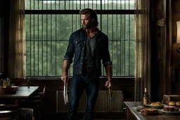 Still frame of Jared Keeso as Marvel's Wolverine in a new movie. He is wearing jeans, and a flannel shirt and smoking a cigar.