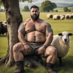 close up of a 38 year old turkish shepherd tattoed, sturdy, hairy muscular chubby, with short black beard and big nose, relaxes sitting leaning against a tree in the middle of a meadow full of grazing sheep, dressed in a dirty and ruined tank top and ruined old shorts, strong and muscular hairy legs, bare feet, photorealistic bucolic scene,