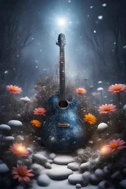 abyss containing rock music instruments in a flowers garden winter with cold sparks flying