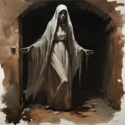 Creepy levitating woman fading ghost in an asylum gown in eerie decaying basement, ghostly visage non-material translucent entity, levitation, by Denis Forkas, by Robert Oxley, eerie dark colors, rough matte oil painting.