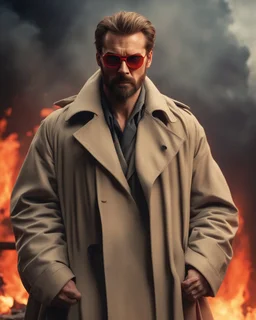 a young man with big muscles who looks like hans gruber wearing a trench coat and red sunglasses staring with an irritated look on his face standing in front of a fire