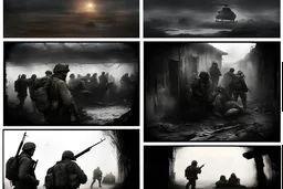 Masterpiece1:5)(Fineart), (award-winning:1.5), highest quality, (ultra realism:1.5) war journalism(,(by Tim Page and Hoorst Faas:1.5)),(Eastern Ukraine:(panel one:the moment after a battle ends, horrors of war, wounded men),(2nd panel, cinematic shot of men sitting in trench with 1000 yard stare (focus on their eyes:1.5)),(the third panel shows troops tired but hyper alert), (the fourth panel shows the sky is filled with incessant, fire and smoke everywhere,)