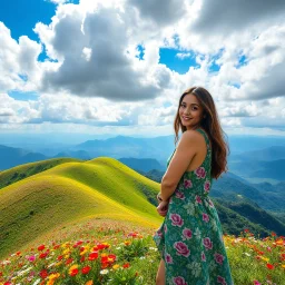 beautiful Green hills covered with flowers colorfull ,blue sky heavy clouds with godray ,very nice flowers at closeup ,wonderfull mountains at distance,beautiful lady look at camera ,standing at hills full body shot