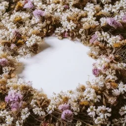 aesthetic layout flower crown of small dried flowers bouquet on white textured paper, beautiful composition, vintage, tender, mild colours