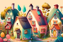 Village illustration, realistic, detailed, illustrative, childrenbook style, colorful houses, each house it's own color, cute plants