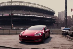 A Tesla 'Model S' is parked, inside the 'Yankee Stadium' in Manhattan. (CINEMATIC, WIDE ANGLE LENS, PHOTO REAL)