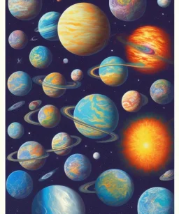 colorful planets. ink, poster, acrylic