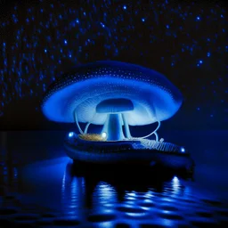 a noctilucent boat made of a mushroom on the ocean at night by artist "Michiel Schrijver",by artist "Leonora Carrington",by artist "Pinhole Photography"