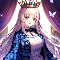 young queen of darkness with a perfect crown, flannel jacket, style <Yoji Shinkawa>, watercolor illustration by <agnes cecile> butterflies everywhere,