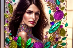 brunette woman in coloured glass gress set with gemstones, glittering metal stems and gemstone leaves in a flowergarden sharp focus elegant extremely detailed intricate very attractive beautiful dynamic lighting fantastic view crisp quality exquisite detail in the sunshine gems and jewels