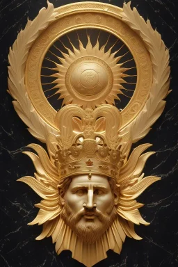 Ultra Realistic image, Roman sculpture, clean white marble material, Lionel Messi, gold Laurel leaves wreath, god crown, renaissance ornaments, one gold star in heart, sun ornament, sun rays background, chisel style, waist up portrait, emperor style, epic, celestial, cinematic lighting, God light, god rays, 4k resolution, smooth details, ornate details, soft lighting, unreal engine 5, art station, substance 3d.