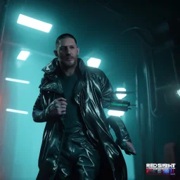 Actor, tom hardy, blade runner style, rain, fog, neon ambient, gradient color, clean skin, circuits, latex coat, cyber punk, neon, tubes, portrait, studio photo, unreal engine 5, smooth color, 16 bit, god lights, ray tracing, RTX, lumen lighting, ultra deatail, volumetric lighting, 3d, finely drawn, hd.