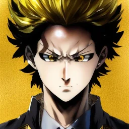 Detailed anime portrait of soulland from my hero academia, gold hair and golden eyes, black suit, intricate details, full body portrait, keep head in frame, slight smile, black Japanese motif, concept art, highly detailed, digital painting, concept art, sharp focus, illustration, art by Yoji Shinkawa, WLOP and greg rutkowski and alphonse mucha and artgerm and yanjun Chen and Junji ito and Makoto Shinkai, HDR, octane render