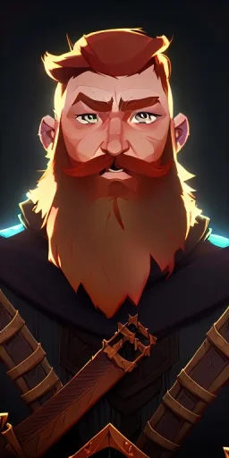 Dungeons and dragons character, warrior dwarf male, friendly face, high detail, High definition, ginger braided beard, ginger long hair in a bun, heavy armor, short height, black backdrop, mustache, battle ax, cloak