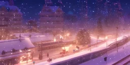 train passing downtown big city in christmas night, snow flakes, many three, Christmas decoration, Christmas light, high contrast, best quality, 8k, hight detailed, 3d, render, lumion, shooting star