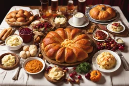 Full Thanksgiving table spread beautifully photographed ;; overflowing massive portions of mashed potatoes, turkey, cranberry sauce, dinner rolls, yams, pumpkin pie, beer!, thanksgiving table accouterments, pilgrim elements; Photorealism, by Cindy Sherman, by Robert Frank, hardy portions, natural lighting, insanely detailed, densely packed busy, dramatic perfect picture in a Food Magazine, mouthwatering, maximalist, infinity stretch table.