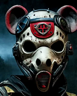 zombie mickey mouse hybrid, photorealism, movie screen capture, horror, sci-fi, retrofuturism, matching mickey mouse ears on mask