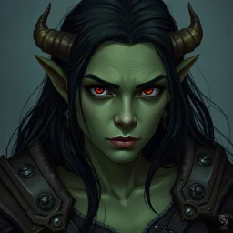 A digital illustration shoot from a portrait camera angle about a portrait of a young orc woman with dull green skin. In the middle of the image, a 20 years old orcish woman, appears to be looking at the viewer lost in thought. she has long black hair, red eyes, and is wearing armour. Fantasy, skyrim, magic, she does not have horns