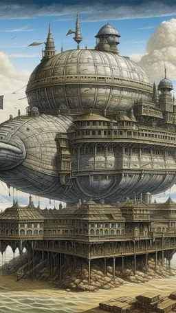A gray and light gray fortress on an airship designed in African masks painted by Vincent van Gogh