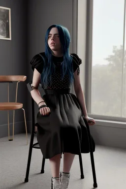 Billie Eilish, sitting on a chair, Black Short Dress, high detail, realistic