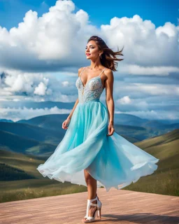 full-body closeup shot of a young, beautiful girl with a perfect face and makeup,wearing pretty dance dress standing in a stage in open air nice hills , blue sky ,pretty clouds at distant