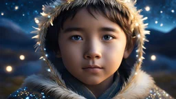 little very young Inuit boy, handsome, peaceful, gentle, confident, calm, wise, happy, facing camera, head and shoulders, traditional Inuit costume, perfect eyes, exquisite composition, night scene, fireflies, stars, Inuit landscape , beautiful intricate insanely detailed octane render, 8k artistic photography, photorealistic concept art, soft natural volumetric cinematic perfect light, chiaroscuro, award-winning photograph, masterpiece, Raphael, Caravaggio, Bouguereau, Alma-Tadema