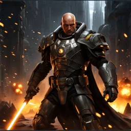 star wars bald male corellian pilot wearing pearlescent black and gunmetal grey First Order special forces heavy assault stealth commando armor and helmet with gold trim inside the jedi temple, hyperdetailed, dynamic lighting, hyperdetailed background, 8k resolution, volumetric lighting, light skin, fully symmetric details