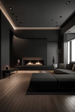 Sala grande minimalista, sofá, planta, paredes escuras, chão madeira, lareira